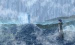  blue_hair cloak container crate makishi_yaichi male_focus rain rock simon tengen_toppa_gurren_lagann wet 