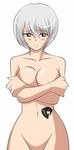  1girl artist_request asaishi blush breasts brown_eyes covering covering_breasts embarrassed fairy_tail large_breasts navel nude short_hair silver_hair solo yukino_aguria 