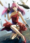  aircraft dress dual_wielding earrings green_eyes gun helicopter holding jewelry long_hair megurine_luka n-maulina one_knee pink_hair red_dress shell_casing solo vocaloid weapon 
