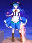  blue_hair boots bow cato_(monocatienus) energy_sword food frilled_skirt frills fruit hat highres hinanawi_tenshi leaf lightsaber long_hair peach puffy_sleeves red_eyes skirt sky smile solo star sword touhou weapon 