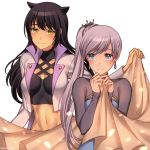  abs alternate_costume animal_ears bangs black_hair blake_belladonna blanket blue_eyes blush breasts breasts_apart cape cat_ears cat_girl closed_mouth dress earrings faunus faunus_(rwby) hair_ornament hands_up happy high_collar highres holding_blanket jacket jewelry kio_rojine long_hair long_sleeves looking_at_another medium_breasts midriff multiple_girls navel open_clothes open_jacket ponytail rwby scar scar_across_eye side_ponytail simple_background smile upper_body weiss_schnee white_background white_hair yellow_eyes 