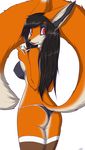  black_hair canine clothed clothing female fennec fox fur hair long_tail looking_at_viewer looking_back mammal orange_fur plain_background red_eyes skimpy solo standing swimsuit tight_clothing white_background xin-wei 