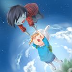  1girl adventure_time backpack bag black_hair blonde_hair cloud finn_the_human fionna_the_human_girl genderswap hat highres marceline_abadeer marshall_lee open_mouth short_hair sky yhin 