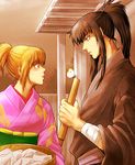  1girl 3mm black_eyes black_hair blonde_hair brown_hair bug butterfly gintama high_ponytail hijikata_toushirou insect japanese_clothes kimono long_hair okita_mitsuba ponytail red_eyes younger 