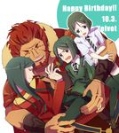  4boys armor bad_id bad_pixiv_id beard birthday cape facial_hair fate/zero fate_(series) genderswap genderswap_(mtf) green_eyes green_hair katakonpe long_hair lord_el-melloi_ii multiple_boys multiple_persona necktie older red_eyes red_hair rider_(fate/zero) sensha_otoko thighhighs time_paradox waver_velvet 