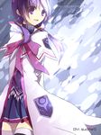  absurdres aisha_(elsword) arms_behind_back artist_name bad_id bad_pixiv_id bow coat colored_eyelashes elemental_master_(elsword) elsword highres long_hair purple_eyes purple_hair purple_skirt ranguage ribbon skirt smile solo swd3e2 thighhighs translated twintails zettai_ryouiki 