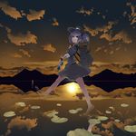  backpack bag barefoot belt blue_eyes blue_hair cloud hair_bobbles hair_ornament hat highres kawashiro_nitori kumonji_aruto lily_pad open_mouth reflection short_hair short_twintails skirt skirt_set sky sleeves_rolled_up solo sunset touhou twintails two_side_up walking walking_on_liquid water_gun wristband 