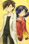  1girl alternate_costume bangs black_hair blue_eyes blue_hair blush cosplay couple crystal_(pokemon) crystal_(pokemon)_(cosplay) earrings gold_(pokemon) gold_(pokemon)_(cosplay) hetero hk_(nt) jewelry pokemon pokemon_special smile star star_earrings twintails yellow_eyes 