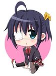  :o ahoge black_hair blazer blue_eyes blush chibi chuunibyou_demo_koi_ga_shitai! eyepatch jacket k_hiro one_side_up open_mouth petanko plaid plaid_skirt ponytail school_uniform shoes sitting skirt solo takanashi_rikka thighhighs uwabaki zettai_ryouiki 