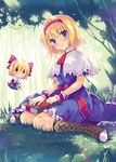  alice_margatroid blonde_hair blue_eyes blush book boots capelet doll dress flower grass hairband highres lace sash shanghai_doll sitting smile solo sousouman touhou wariza wrist_cuffs 