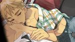  blonde_hair blush coin_rand earrings grey_eyes jewelry licking male_focus midriff multiple_boys nipples open_clothes open_mouth open_shirt original shirt sweat tongue yaoi 