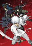  black_hair blood brown_hair gintama headband japanese_clothes joui katana katsura_kotarou kimono konpane_(ohj) long_hair male_focus multiple_boys purple_hair sakamoto_tatsuma sakata_gintoki sword takasugi_shinsuke weapon white_hair 