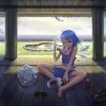  :&lt; adapted_costume ahoge bad_hands bare_legs bare_shoulders barefoot blue_eyes blue_hair can cirno cloud fan fang fence food frozen highres hot ice ice_wings kedama looking_at_viewer mosquito_coil mouth_hold navel one_eye_closed pond popsicle reflection shoes shoes_removed short_hair shorts sitting sky soda_can solo strap_slip sweat tail touhou wings zhengyifan7 