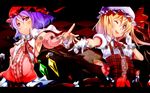  ;p alternate_costume armpits bat_wings blonde_hair blush character_name checkered checkered_floor detached_sleeves flandre_scarlet gloves hat highres letterboxed long_hair multiple_girls one_eye_closed outstretched_arm purple_hair red_eyes remilia_scarlet short_hair side_ponytail tongue tongue_out touhou white_gloves wings yuuzii 