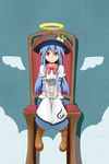  blue_hair boots bow chair dress fake_halo food fruit full_body halo hat highres hinanawi_tenshi long_hair peach red_eyes route1911 sitting solo touhou wings 