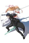  1girl absurdres asuna_(sao) bare_shoulders black_hair brown_eyes brown_hair detached_sleeves dual_wielding fighting_stance highres holding ishquid kirito long_coat long_hair rapier signature sword sword_art_online thighhighs weapon white_legwear 