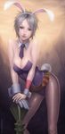  animal_ears bad_id bad_pixiv_id battle_bunny_riven breasts brown_eyes bunny_ears bunny_tail bunnysuit cleavage detached_collar fake_animal_ears gloves large_breasts league_of_legends leotard lips looking_at_viewer pantyhose riven_(league_of_legends) short_hair silver_hair single_glove solo tail vasily_(run211) weapon wrist_cuffs 