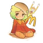  1girl :&lt; blush brown_eyes child green_hair looking_at_viewer lowres mcdonald's original ran_ran_ru ronald_mcdonald simple_background sitting white_background yokozuwari yone_(qtron) 