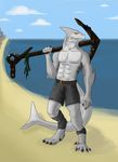 abs anchor bandage beach belt biceps boxers bulge claws clothing fish great_white_shark grin male marine muscles pecs sand scales sea seaside shark shorts smile toe_claws topless underwear water yellow_eyes 