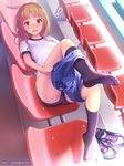  1girl banned_artist black_legwear blush brown_eyes brown_hair chair gym_uniform ilog kneehighs long_hair looking_at_viewer lying mana_kakkowarai on_back original shoes shoes_removed short_hair sneakers socks solo undressing watermark web_address 