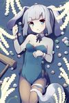  :o animal_ears blue_eyes blush bunny_ears bunny_tail bunnysuit dango detached_collar food fuguno green_leotard hairband hitodama kine konpaku_youmu konpaku_youmu_(ghost) leotard lying mallet on_back pantyhose short_hair silver_hair solo tail touhou wagashi 