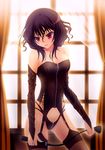  amamiya_ayane bdsm black_hair blush breasts bustier dominatrix fortissimo//akkord:bsusvier garter_straps highres hiiragitogetoge looking_at_viewer medium_breasts purple_eyes riding_crop smile solo thighhighs zipper 