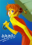  blue_background blue_eyes bun_cover chinese_clothes double_bun elna7 gintama kagura_(gintama) orange_hair short_hair solo umbrella 