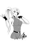  absurdres bare_shoulders belt bodysuit breasts fingerless_gloves gloves greyscale hair_intakes halterneck high_ponytail highres impossible_clothes ishquid large_breasts long_hair monochrome no_legs sarah_bryant solo upper_body virtua_fighter 