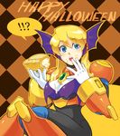  1girl alia_(rockman) android armor bat_wings blonde_hair blue_eyes boots breasts ckotnha cleavage food gem halloween happy_halloween knee_boots long_hair medium_breasts messy open_mouth pie robot rockman rockman_x sexually_suggestive solo wings 