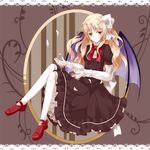  bat_wings blonde_hair bow dress hair_ribbon kurumi_(touhou) long_hair nanatuki13 pantyhose ribbon solo touhou touhou_(pc-98) wings yellow_eyes 