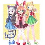  animal_ears ascot bad_id bad_pixiv_id bear_ears bell blonde_hair blue_eyes bow brown_hair bunny_ears cat_ears cat_tail goggles green_eyes grey_hair hair_bow hood hoodie jingle_bell kosuzume mary_janes multiple_girls one_eye_closed open_mouth original pantyhose purple_eyes shoes skirt striped striped_legwear tail thighhighs v white_legwear 