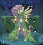  anthro anthrofied atryl clenched_teeth equine evening_gown eyelashes female flower fluttershy_(mlp) friendship_is_magic garden grand_galloping_gala green_clothing hair horse insane jewelry long_hair mammal my_little_pony pegasus pink_hair pony spread_wings teeth tree wings wood yellow_body yellow_feathers 