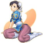  black_hair boots bracelet breasts bun_cover china_dress chinese_clothes chun-li double_bun dress iyokawa jewelry large_breasts legs md5_mismatch pantyhose pelvic_curtain sash solo spiked_bracelet spikes street_fighter thick_thighs thighs 