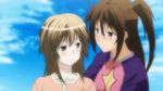  animated animated_gif blonde_hair blush brown_hair couple eye_contact hidaka_chiho kiss long_hair looking_at_another lowres multiple_girls screencap sekirei side_ponytail source_request uzume yuri 