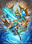  1girl 2024 ahoge black_thighhighs blonde_hair blue_eyes blue_skirt copyright_notice dragon dragon_girl dragon_tail dress duel_masters duel_masters_play&#039;s energy_ring gamazou gold_shoes hair_ornament highres holding holding_sword holding_weapon light_particles long_hair multicolored_dress official_art open_mouth shoes skirt spell_del_fin_(duel_masters) sword tail thighhighs very_long_hair weapon white_dress 