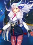  1girl blue_ribbon braid brown_eyes commentary_request fate/grand_order fate_(series) fur_trim gloves grey_hair hair_ribbon highres iro_(sekaixiro) long_hair looking_at_viewer necktie olga_marie_animusphere olga_marie_animusphere_(unbeast) open_mouth orange_gloves orange_pantyhose pantyhose red_necktie ribbon smile solo 