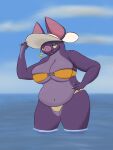  2025 5_fingers anthro bat belly big_belly big_breasts big_ears big_nose bikini breasts clothing countershade_torso countershading detailed_background digital_media_(artwork) exposure_variation fangs female fingers hat headgear headwear hi_res lady_chrysanthemum_(monodreams) leaf-nosed_bat looking_at_viewer mammal microbat monodreams orange_clothing orange_swimwear sea solo swimwear teeth tight_bra two-piece_swimsuit vampire_bat voluptuous_anthro voluptuous_female water white_clothing white_hat white_headwear yangochiropteran yellow_eyes 