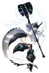  1girl absurdres armored_boots ass black_gloves black_panties black_ribbon blue_eyes boots breasts closed_mouth collared_dress commentary detached_sleeves dragon_girl dragon_tail dress electricity floating_hair gloves grey_hair hair_between_eyes helmet high_heel_boots high_heels highres holding holding_weapon huge_weapon large_tail long_hair looking_at_viewer mole mole_on_ass neck_ribbon original panties paringgg ribbon sideless_dress simple_background small_breasts solo tail underwear weapon white_background white_dress white_sleeves 