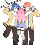  2boys akatsuki_(hinaoto) angel_beats! bad_id bad_pixiv_id blue_hair hinata_(angel_beats!) hug long_hair multiple_boys otonashi_(angel_beats!) pink_hair purple_eyes red_eyes red_hair school_uniform short_hair two_side_up yui_(angel_beats!) 