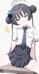  1girl black_hair black_skirt blue_archive blue_necktie breast_pocket brown_background butterfly_hair_ornament collared_shirt double_bun grey_eyes grey_halo grin hair_bun hair_ornament halo hand_on_table head_tilt highres kisaki_(blue_archive) kisaki_(school_uniform)_(blue_archive) long_hair necktie on_table pleated_skirt pocket sabana school_uniform shirt simple_background skirt smile smug solo spoken_expression spread_legs striped_necktie table teeth very_long_hair white_shirt 