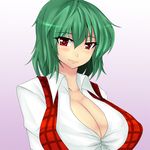  ashima_takumi blush breasts cleavage gradient gradient_background green_hair head_tilt huge_breasts kazami_yuuka plaid plaid_vest purple_background red_eyes shirt short_hair smile solo taut_clothes taut_shirt touhou upper_body vest 