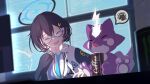  1girl ^_^ arm_behind_head black_hair black_jacket blue-framed_eyewear blue_archive blue_halo blue_necktie blue_sweater_vest can canned_coffee chihiro_(blue_archive) closed_eyes collared_shirt commentary_request crossover drink_can energy_drink glasses hair_ornament halo jacket monitor monster_energy multicolored_jacket necktie open_clothes open_jacket open_mouth pokemon pokemon_(creature) pori rabbit_hair_ornament semi-rimless_eyewear shirt short_hair smile spoken_squiggle squiggle sweater_vest toxel twitter_username two-tone_jacket under-rim_eyewear white_jacket white_shirt 