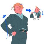  1boy ^_^ alternate_costume annoyed arrow_(symbol) belt belt_buckle big_nose black_belt black_jacket black_pants black_suit black_vest blazer blonde_hair blush_stickers buckle buttons clenched_hand closed_eyes closed_mouth collared_jacket collared_shirt dress_pants formal_clothes hands_in_pockets happy highres holding holding_jacket holding_unworn_clothes humanization jacket korean_text lapels layered_sleeves long_sleeves louie_(pikmin) male_focus messy_hair notched_lapels open_clothes open_jacket pants pikmin_(series) pointy_ears sequential shirt short_hair simple_background sleeve_cuffs smile sparkle suit translation_request unworn_jacket very_short_hair vest white_background white_shirt yu_pikmin 