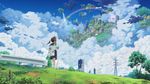  bag brown_hair cityscape cloud condensation_trail day floating_city floating_island from_behind grass isai_shizuka long_hair original power_lines rainbow scenery school_uniform serafuku skirt sky solo tree twintails water waterfall 