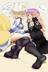  ? black_legwear blonde_hair blush dress english feet foreshortening fox_tail gradient_hair hat highres hijiri_byakuren ishikkoro long_hair multicolored_hair multiple_girls multiple_tails shared_clothes short_hair surcoat tail thighhighs touhou yakumo_ran yellow_eyes 