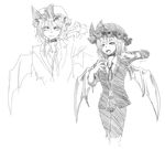  alternate_costume bat_wings didloaded fangs formal greyscale hat monochrome pant_suit remilia_scarlet short_hair sketch smirk solo suit tongue tongue_out touhou watch wings wristwatch 