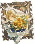  1boy arm_belt belt bird blonde_hair bouquet brown_belt brown_vest closed_mouth edward_elric flower fullmetal_alchemist gloves half-closed_eyes highres holding holding_bouquet male_focus medium_hair ponytail portrait_(object) shirt smile solo sunflower upper_body vest white_background white_bird white_flower white_gloves white_shirt xue_ezi yellow_eyes 
