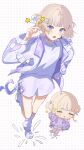  1girl absurdres blue_eyes chibi chibi_inset choker colored_tips commentary dotted_background fang full_body highres hololive hololive_dev_is jacket kuji_(orca9ji) leg_warmers microphone multicolored_hair open_clothes open_jacket open_mouth purple_choker purple_jacket purple_streaks shirt shoes shorts star_(symbol) symbol-only_commentary todoroki_hajime todoroki_hajime_(1st_costume) two_side_up virtual_youtuber white_leg_warmers white_shirt white_shoes white_shorts 