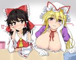  black_hair blonde_hair blush bow breast_rest breasts brown_eyes chin_rest cleavage detached_sleeves elbow_gloves gloves hair_bow hakurei_reimu hat huge_breasts long_hair looking_at_viewer multiple_girls pov_across_table purple_eyes ribbon sama_samasa smile tissue_box touhou white_gloves yakumo_yukari 