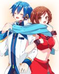  1boy 1girl :d blue_hair blue_scarf blush breasts brown_eyes brown_hair closed_eyes commentary_request cowboy_shot crop_top cropped_jacket double-parted_bangs hand_up high_collar highres jacket kaho_0102 kaito_(vocaloid) kaito_(vocaloid3) large_breasts locked_arms long_sleeves meiko_(vocaloid) meiko_(vocaloid3) midriff navel open_mouth red_jacket red_skirt scarf shared_clothes shared_scarf short_hair skirt sleeveless sleeveless_jacket smile vocaloid white_jacket wrist_cuffs 